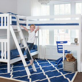 Corner Bunk with Desks and Blue Chair White Slatted-0